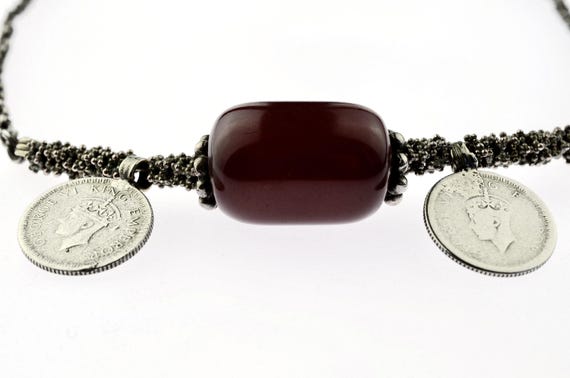 Antique Yemeni ethnic necklace - silver and cherry bakelite Faturan beads