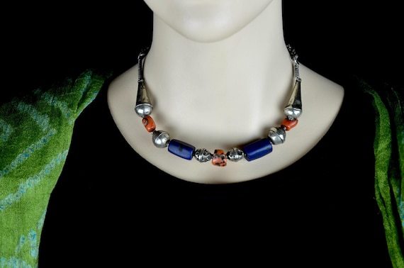 Old ethnic Berber necklace from Tunisia. Tunisian necklace from Djerba in coral, silver and glass