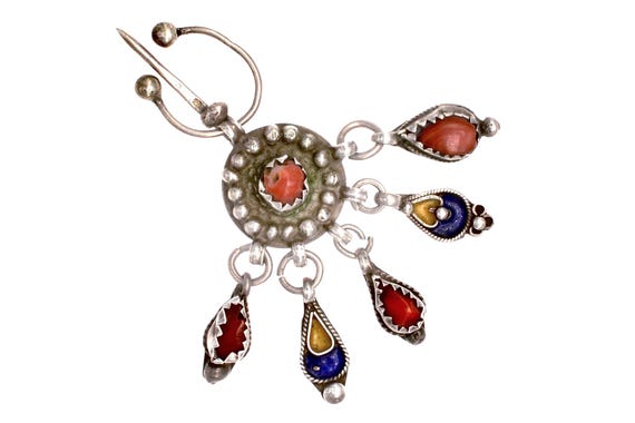 Old Algerian ADWIR Kabyle Fibula, enamel, silver and coral. Antique At Yenni / Les Ouadhias Fibula, high grade Silver from Greater Kabylia