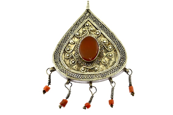 Ethnic Gilded Silver Kazakh Pendant with carnelian and coral. Tribal Kazakh Jewelry - Central Asian Jewelry