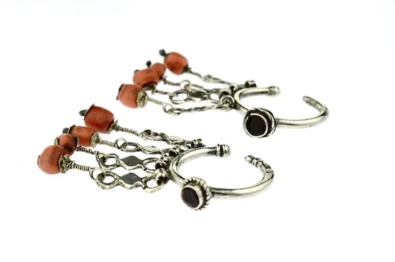 Old Berber wedding pendants / earrings / Dewwah. Antique Tiznit silver earrings. Rare Morocco silver and coral earrings.