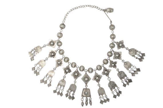Antique Tribal Silver Necklace from Yemen's Al-Bayda: Traditional Geometric Design with Symbolic Pendants and Bells
