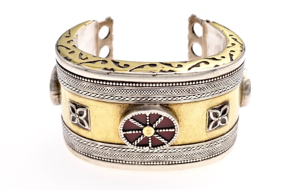 Old Tribal Kazakh silver gilt cuff with red glass cabochons. Ethnic Central Asian jewelry