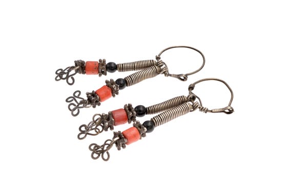 Antique Tadjik silver and glass earrings. Central Asia, Uzbekistan, Afghanistan,  Tajikistan tribal earrings