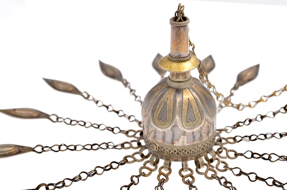 Old Tribal Yomud Turkmen silver dome pendant with tassel chains – ethnic amulet