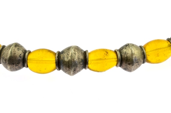 Antique Ethiopian silver and Czech yellow vaseline glass bead necklace. African trade beads