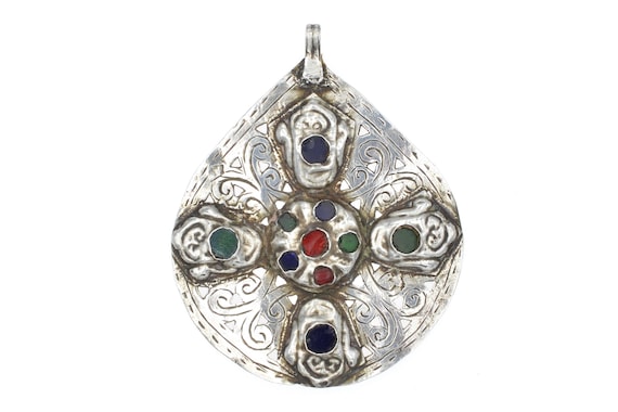 Khamsa Foulet: Berber Moroccan Gilded Silver Pendant with Glass Cabochons, Traditional Symbol of Protection and Cultural Heritage