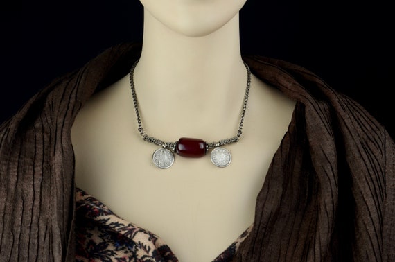 Antique Yemeni ethnic necklace - silver and cherry bakelite Faturan beads