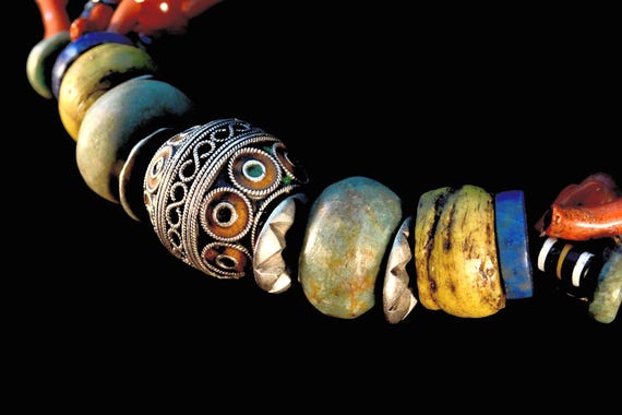 Tagmout beads necklace, Anti Atlas, Draa Valley, Tiznit, Morocco. Sterling silver, enamels, coral, amazonite, agate