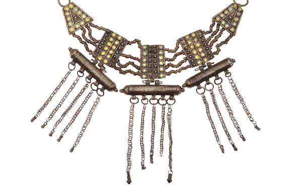 Rare Old Tribal Yemeni Lazim Necklace in enameled Silver, Southwest Saudi Jewelry, Middle East Necklace