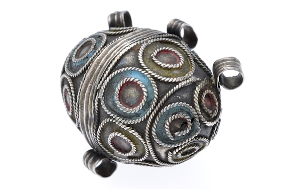 Large old TAGMOUT Ida Ou Semlal bead in enameled silver. Antique Berber tribal TAGUEMOUT silver bead from Morocco
