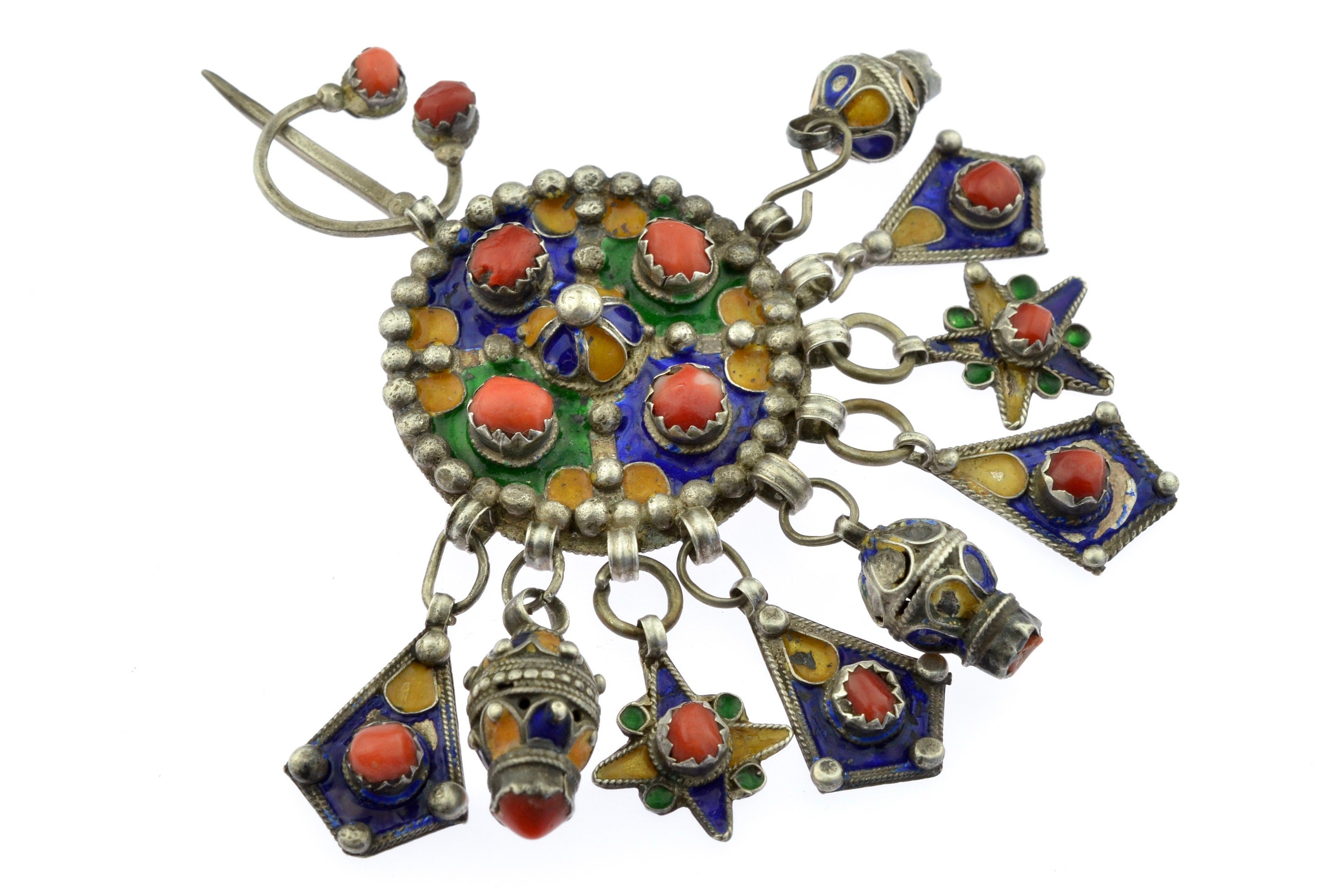 Old Algerian ADWIR Kabyle Fibula Enamel Silver and Coral. picture