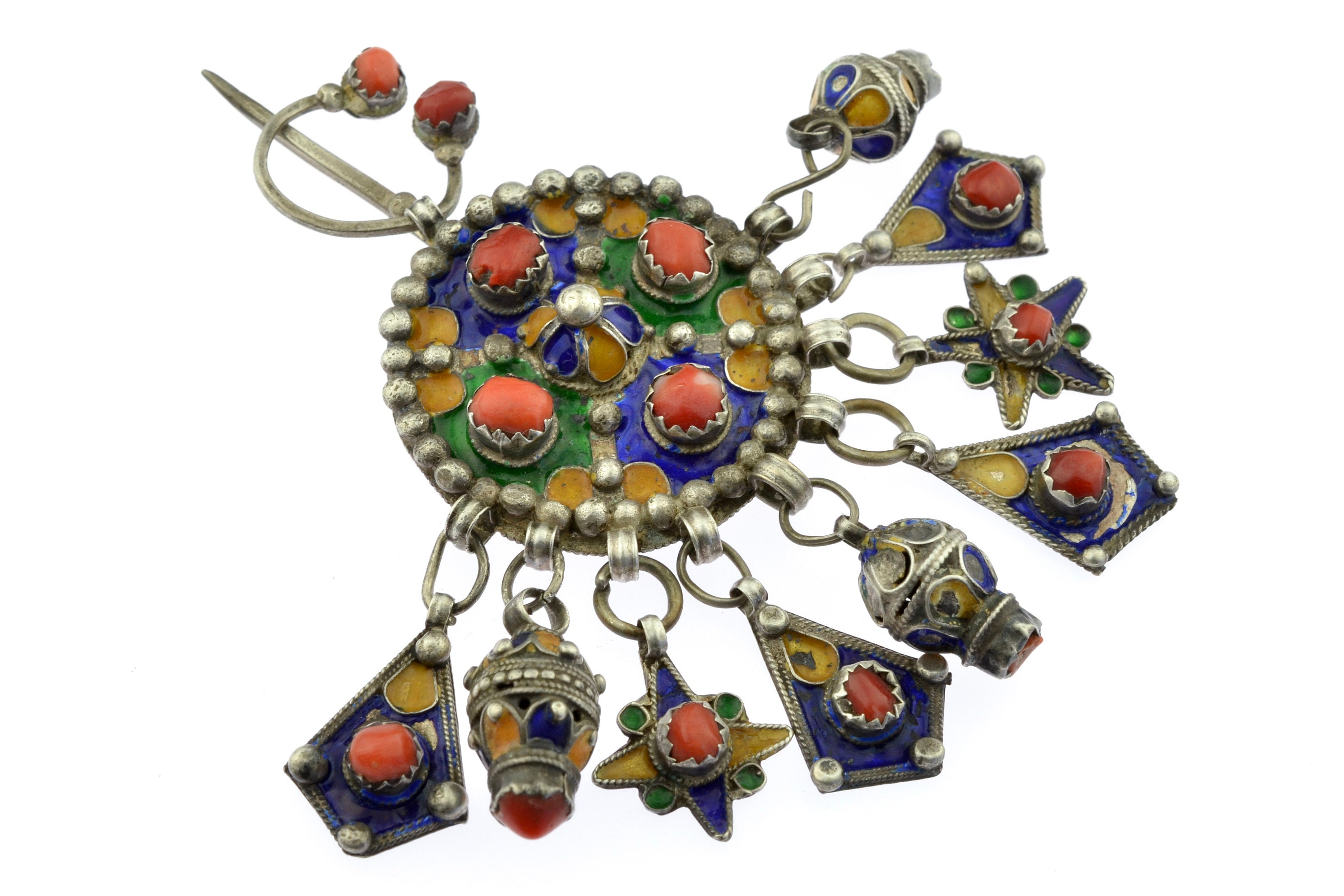 Old Algerian ADWIR Kabyle Fibula Enamel Silver and Coral. photo