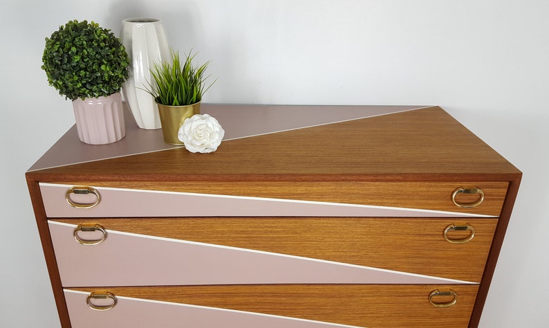 Mid century Chest of Drawers, Tallboy Drawers Pink and White, Vintage Teak furniture. image 2