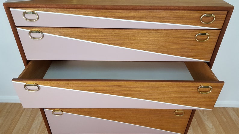 Mid century Chest of Drawers, Tallboy Drawers Pink and White, Vintage Teak furniture. image 3