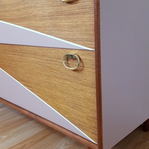 Mid century Chest of Drawers, Tallboy Drawers Pink and White, Vintage Teak furniture. image 8