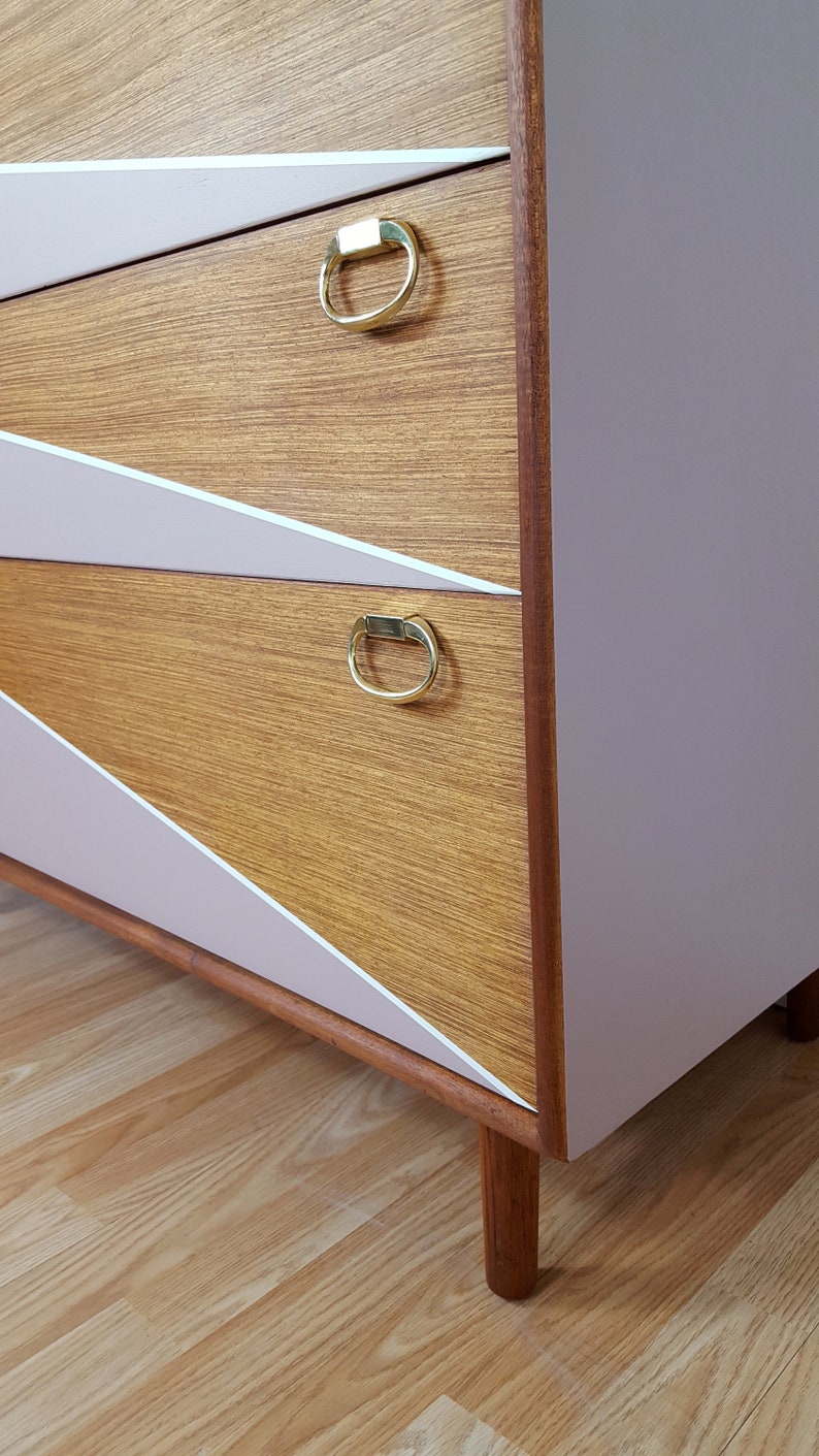 Mid century Chest of Drawers, Tallboy Drawers Pink and White, Vintage Teak furniture. image 8