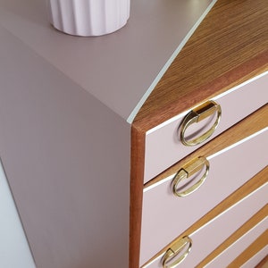 Mid century Chest of Drawers, Tallboy Drawers Pink and White, Vintage Teak furniture. image 4