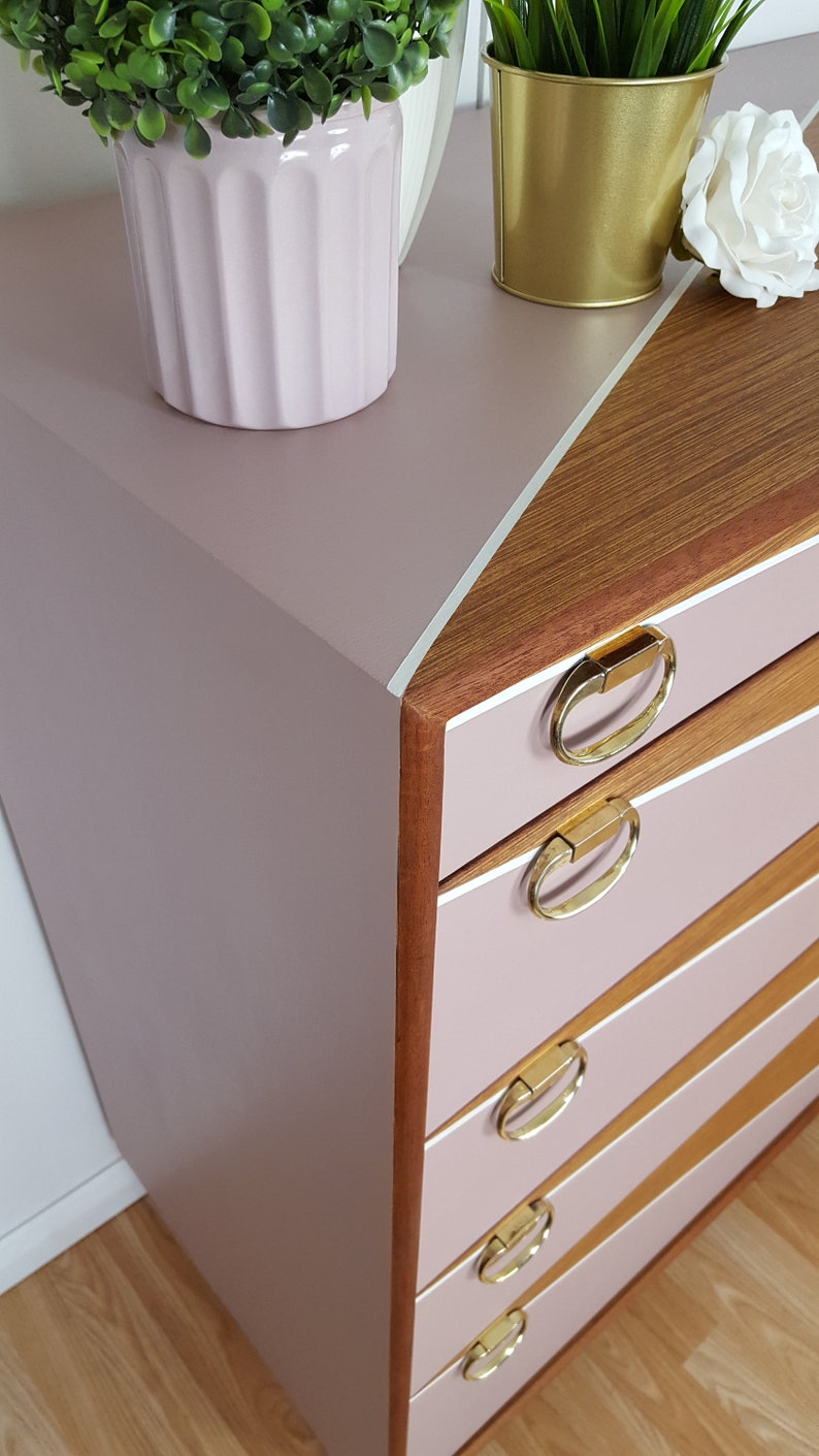 Mid century Chest of Drawers, Tallboy Drawers Pink and White, Vintage Teak furniture. image 4