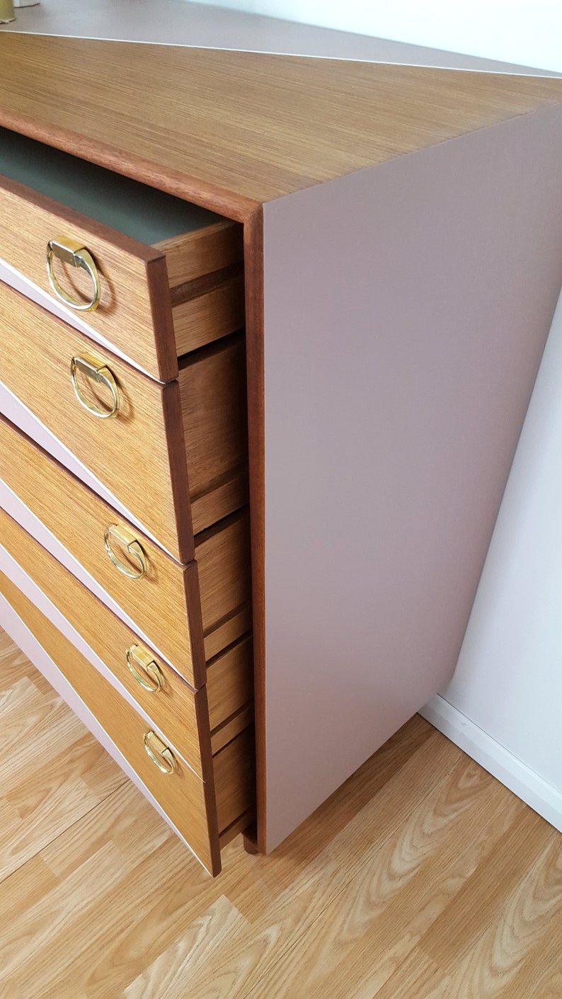 Mid century Chest of Drawers, Tallboy Drawers Pink and White, Vintage Teak furniture. image 7