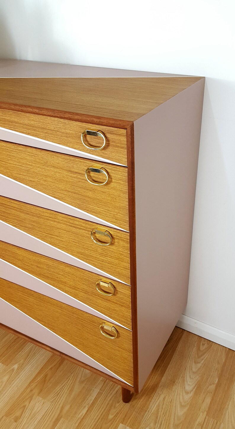 Mid century Chest of Drawers, Tallboy Drawers Pink and White, Vintage Teak furniture. image 6