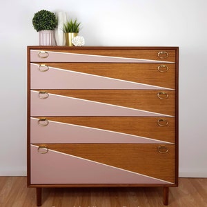 Mid century Chest of Drawers, Tallboy Drawers Pink and White, Vintage Teak furniture. image 1