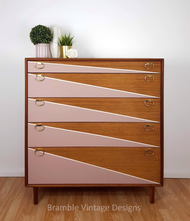 Mid century Chest of Drawers, Tallboy Drawers Pink and White, Vintage Teak furniture. image 1