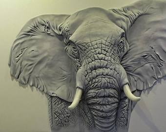 Bas relief, 3D wall art, Elephant head, Sculptural painting, Relief painting, Elephant sculpture, Textured painting, Sculptural wall art
