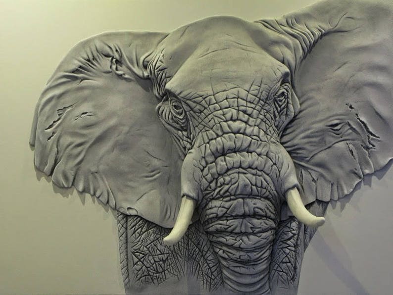 Bas Relief, 3D Wall Art, Elephant Head, Sculptural Painting, Relief