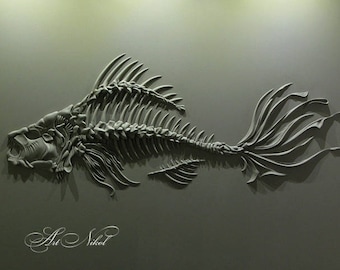 Bajorrelieve Arte de pared 3D Esqueleto de pescado Pintura escultórica Escultura de pared Pintura en relieve Escultura Pintura texturizada Arte de pared escultórico