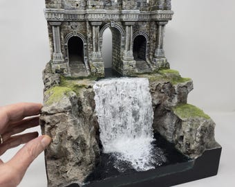 1/72 Scale Ancient Temple Ruins Diorama with Waterfall – One of a Kind Handmade Miniature Scene