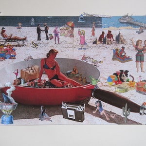 La Plage, poster framed artistic collage, humor painting, poster collage surrealist pop art, framing, gift idea, handmade.