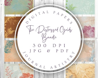 Könnte beinhalten: Ein digitales Papierpaket mit einem verwitterten Gittermuster. Das Paket enthält 300 DPI JPG- und PDF-Dateien. Der Text "The Distressed Grids Bundle" befindet sich in einem lila Kreis mit den Worten "Digital Papers" und "Journal Artistry" um den Kreis herum.