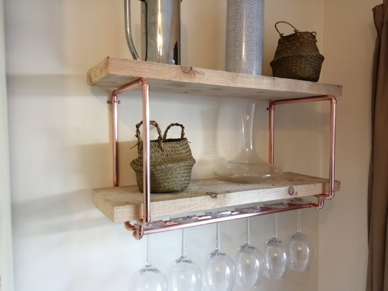 Double Copper Shelf Brackets With Wine Glass Rack Etsy