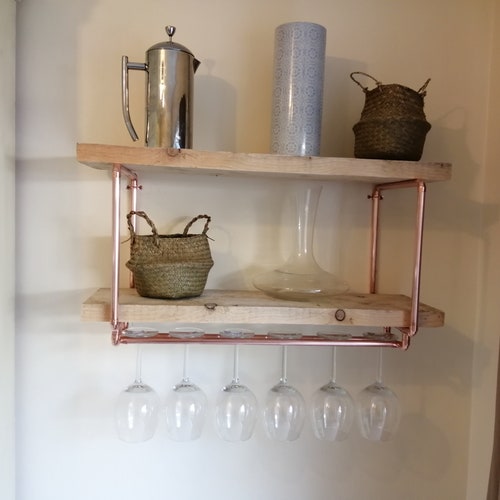 Double Copper Shelf Brackets With Wine Glass Rack Etsy
