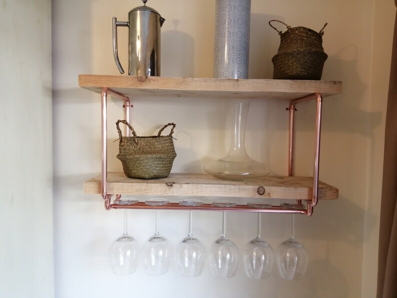 Double Copper Shelf Brackets With Wine Glass Rack Etsy