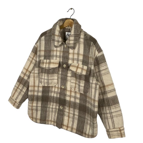 ZARA geruit geruit overshirt kort shacketjack cremebruin kleur Maat S maar past maat L Etsy Nederland