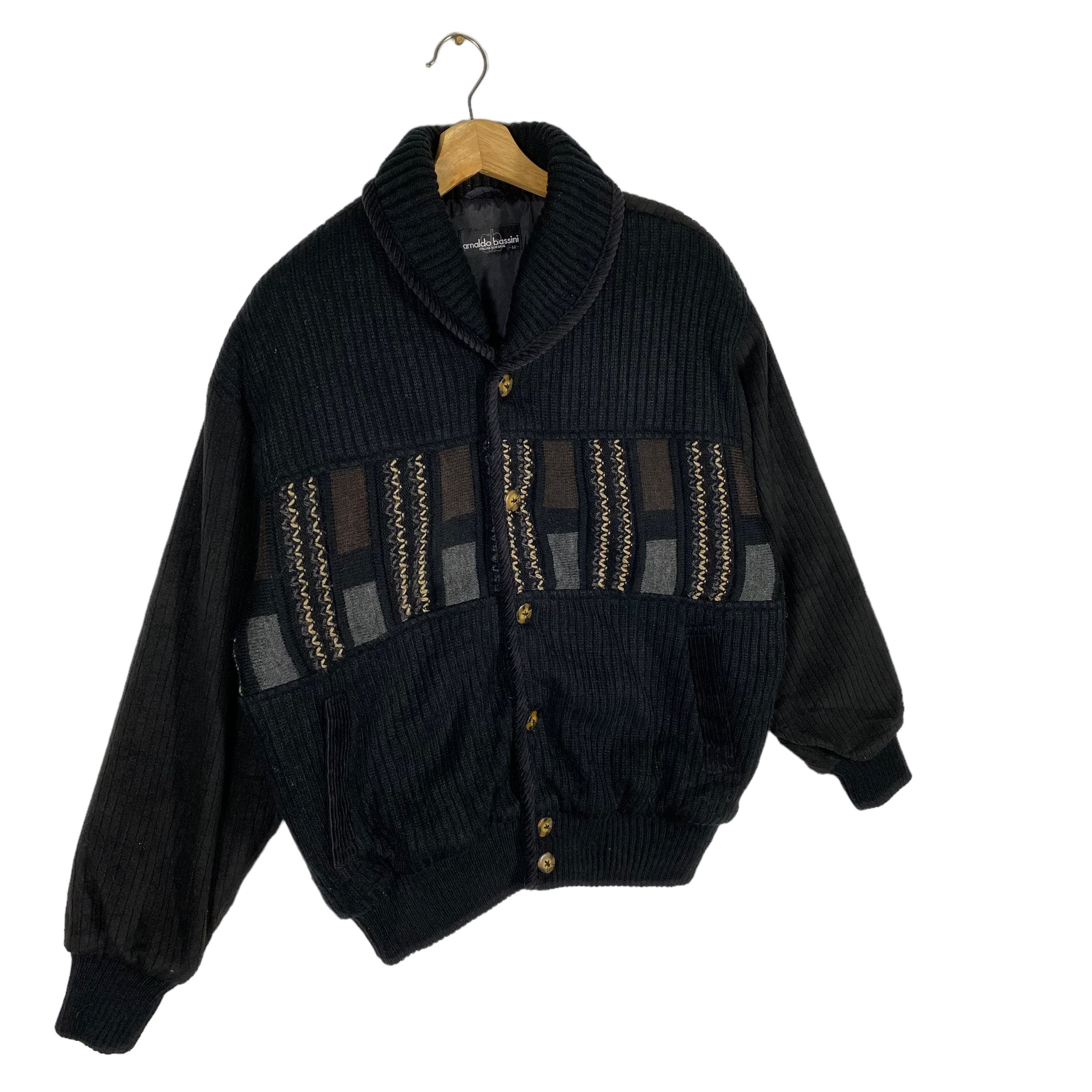 Vintage 90s Arnaldo Bassini Cable Knit Jacket - Black Button Front 
