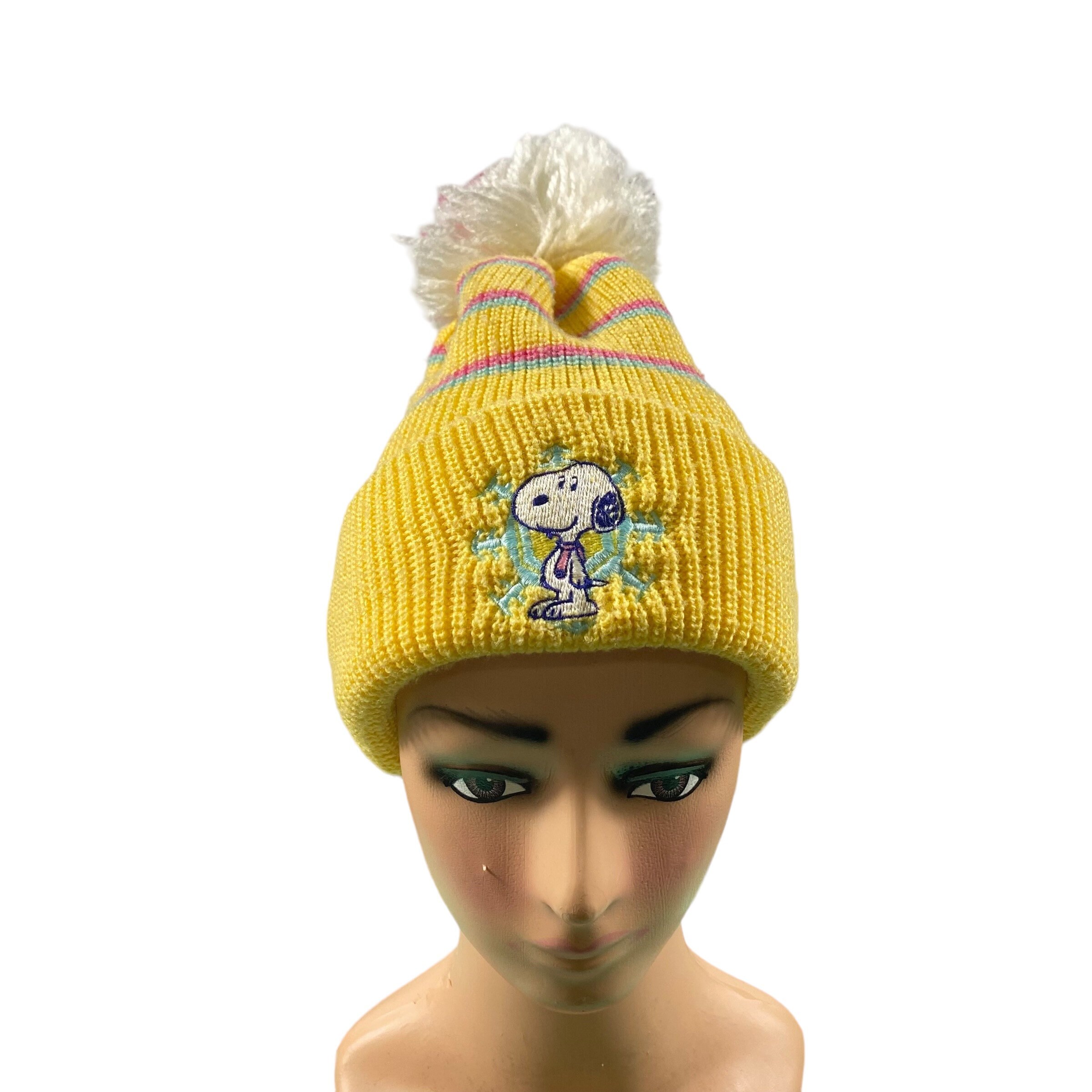 Vintage Snoopy Peanuts‎ Orlon Acrylic Knit Beanie Hat Pom Pom White Yellow USA Vintage Snoopy Pom Pom Beanie Yellow Colour - Etsy main image 2