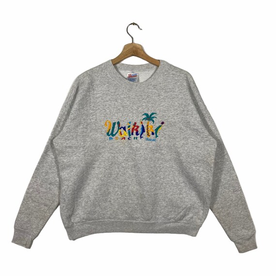 Sweat Vintage Waikiki Tiki Surfeur - Style Rétro Hawaïen, Col Tissé, 241g
