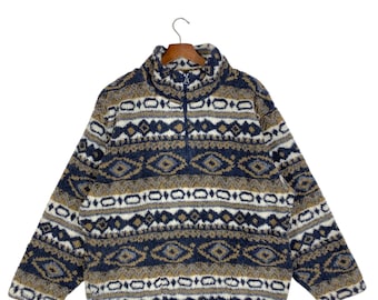 Vintage Check Mate Fleece Half Zip Aztec Print Sweater – Navy/Brown, Fits L