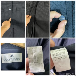Puede incluir: Chaqueta acolchada negra con una etiqueta de Courr&egrave;ges y una etiqueta con el texto "ECJAP-40790" e instrucciones de cuidado. La etiqueta tambi&eacute;n incluye la composici&oacute;n del tejido: 92% lana, 5% nailon, 3% ray&oacute;n, 90% nailon, 10% ray&oacute;n.