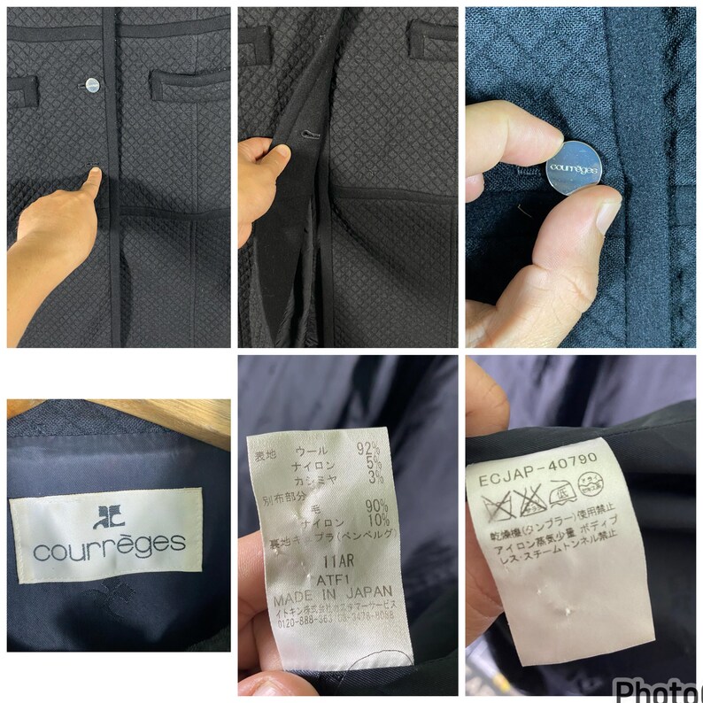 Puede incluir: Chaqueta acolchada negra con una etiqueta de Courr&egrave;ges y una etiqueta con el texto "ECJAP-40790" e instrucciones de cuidado. La etiqueta tambi&eacute;n incluye la composici&oacute;n del tejido: 92% lana, 5% nailon, 3% ray&oacute;n, 90% nailon, 10% ray&oacute;n.