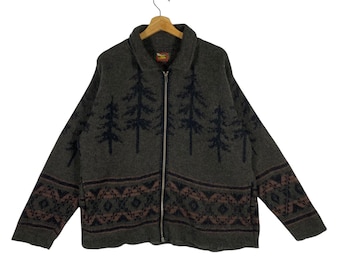 Vintage Alps Wool Zip Jacket, Tree Print, Brown/Black, Size M (Fits L)