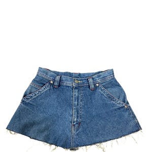 May include: A pair of blue denim shorts with a frayed hem. The shorts have a high waist and two pockets on the front.