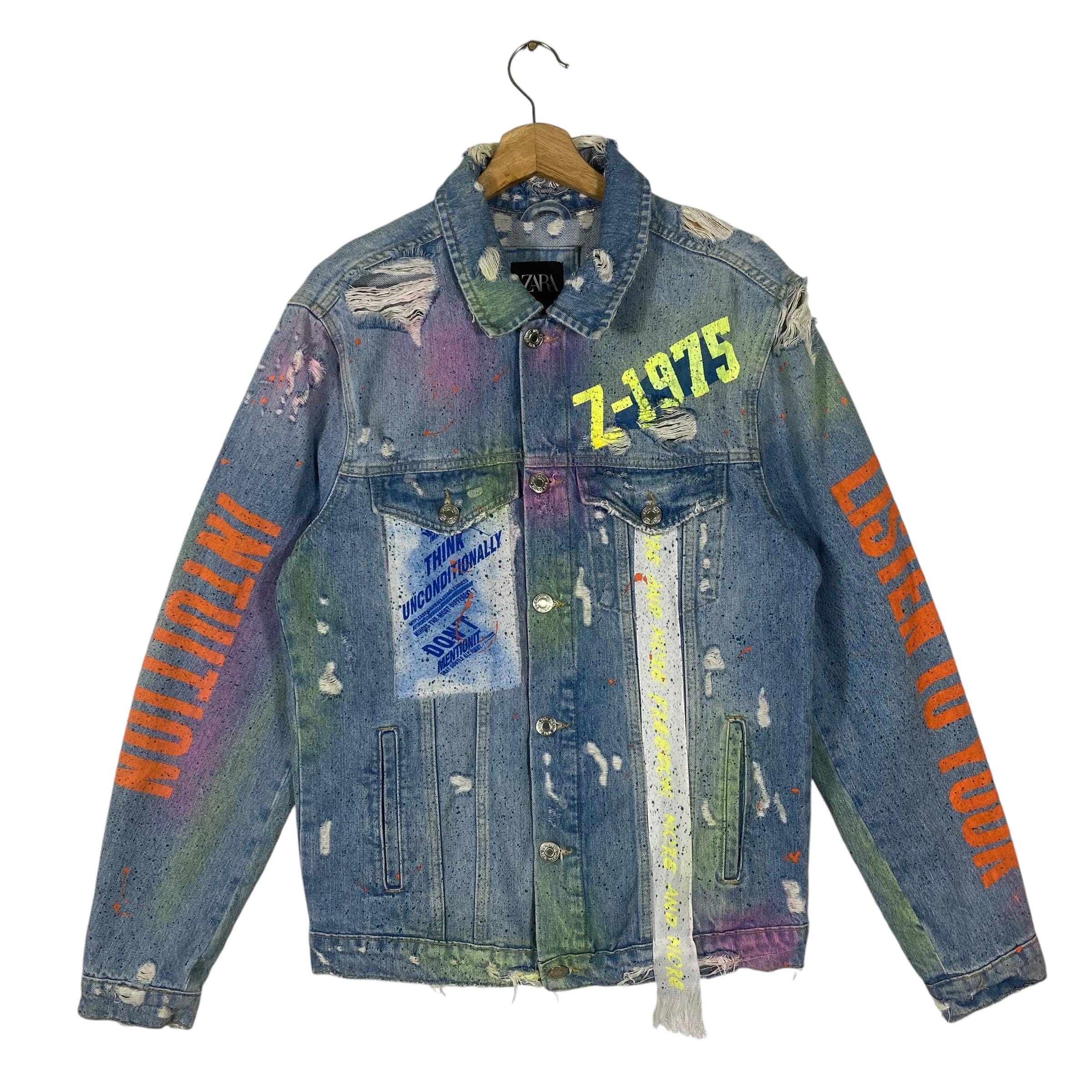Zara Distressed Denim Trucker Painted Jacket M Size - Etsy Zara Distressed Denim Trucker Painted Jacket M Size - Etsy