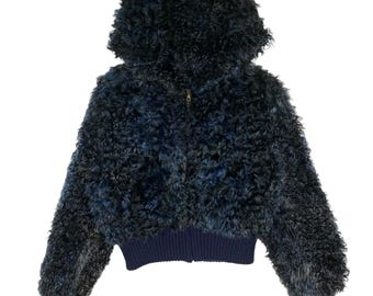 Vintage 90s Incopel Faux Fur Hoodie Zipper Jacket Size(44) M Navyblue Colour