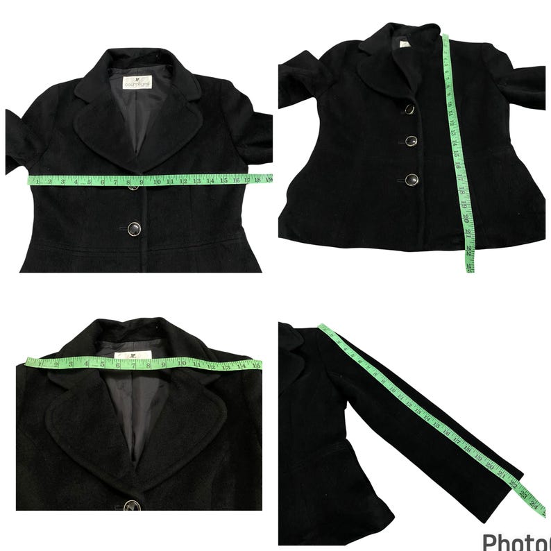 May include: Black blazer with a notched collar, long sleeves, and a button closure. The blazer has a fitted silhouette and a slightly flared hem.