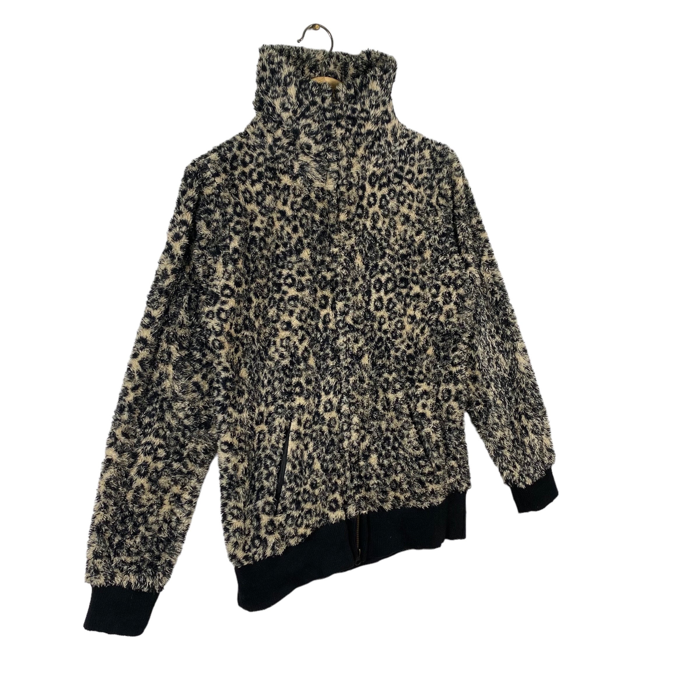 Vintage Japanese Brand Leopard Design Fleece Zipper Jacket M