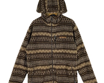 Vintage Columbia Fleece Sherpa Hoodie: Brown Patterned Zip Jacket (XL)